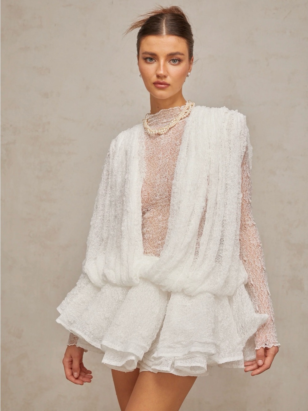 Isoline white semi-sheer lace top & shorts & dress matching set